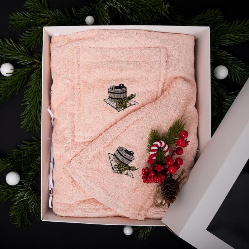 Gift set for Her - PEACH, in a gift box. Apron and hat for sauna