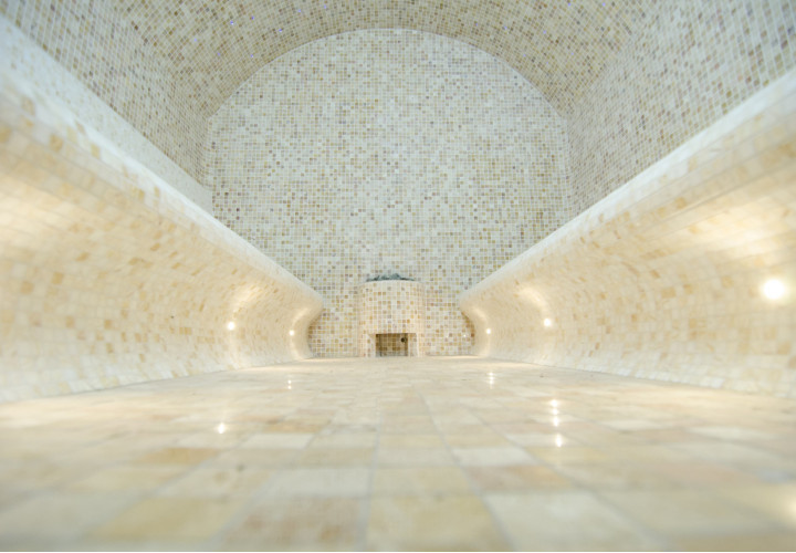 Steam Room with symmetrical Seating and Lounging Areas