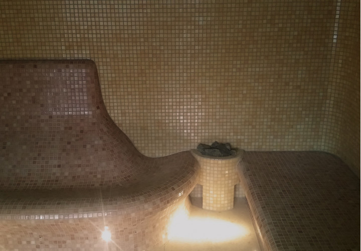Steam room with seating and lounging benches