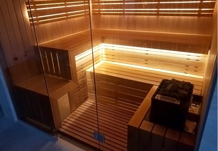 Sauna with Glass Front and Pool View
