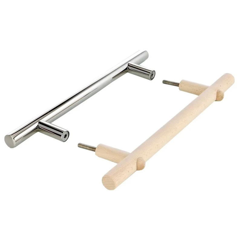 Stainless steel and wood door handle set