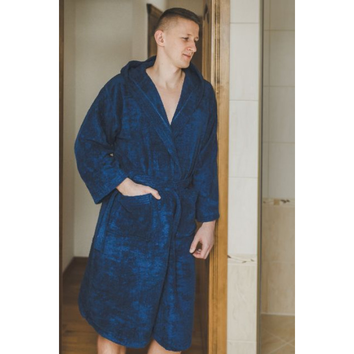 Cotton bathrobe with hood, blue