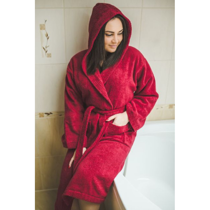Cotton bathrobe with hood, red