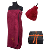 Gift set in a gift box for HER. Women's sauna hat and apron - BURGUNDY