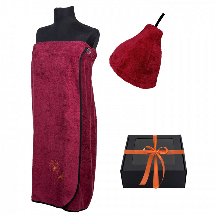 Gift set in a gift box for HER. Women's sauna hat and apron - BURGUNDY L - XL