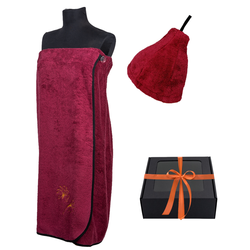 Gift set in a gift box for HER. Women's sauna hat and apron - BURGUNDY