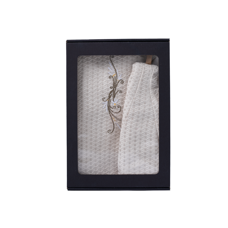 Gift set in a gift box for HER. Women's sauna hat and apron - LINEN, embroidered