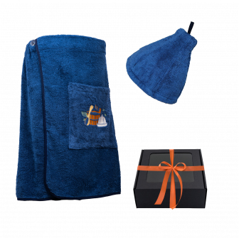Gift set in a gift box for HIM. Men's sauna hat and apron - BLUE