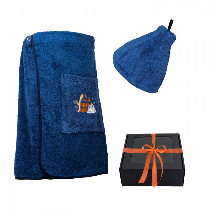 Gift set in a gift box for HIM. Men's sauna hat and apron - BLUE