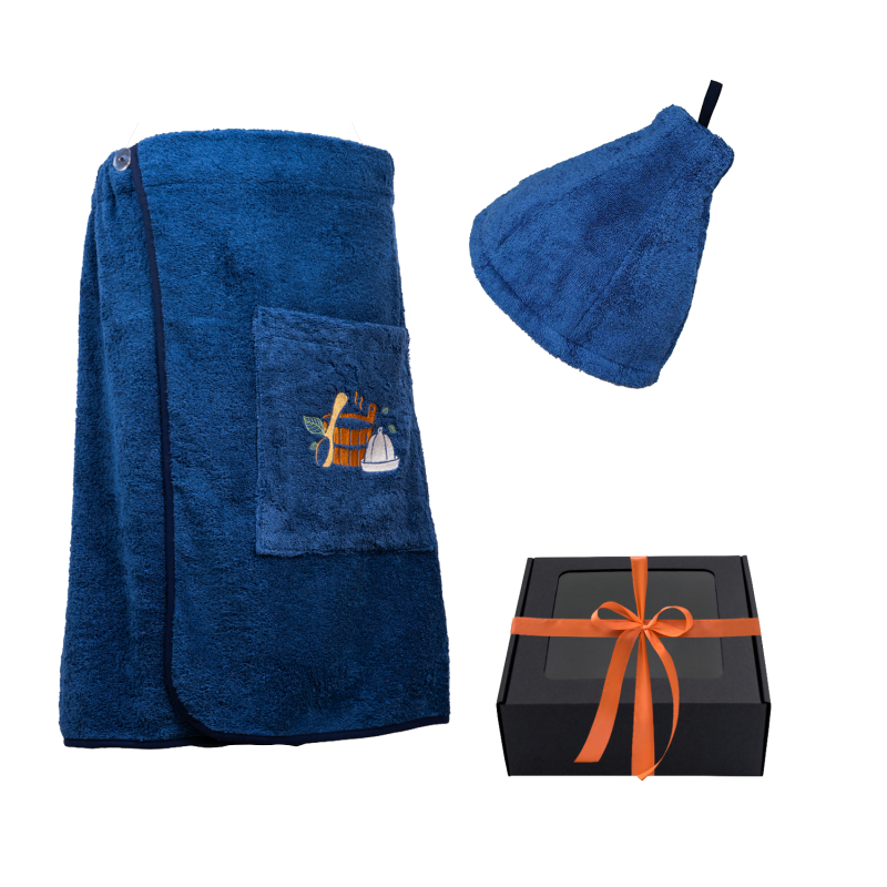 Gift set in a gift box for HIM. Men's sauna hat and apron - BLUE