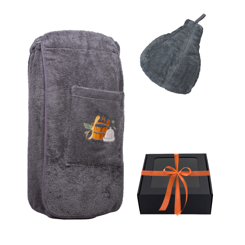 Gift set in a gift box for HIM. Men's sauna hat and apron - GREY