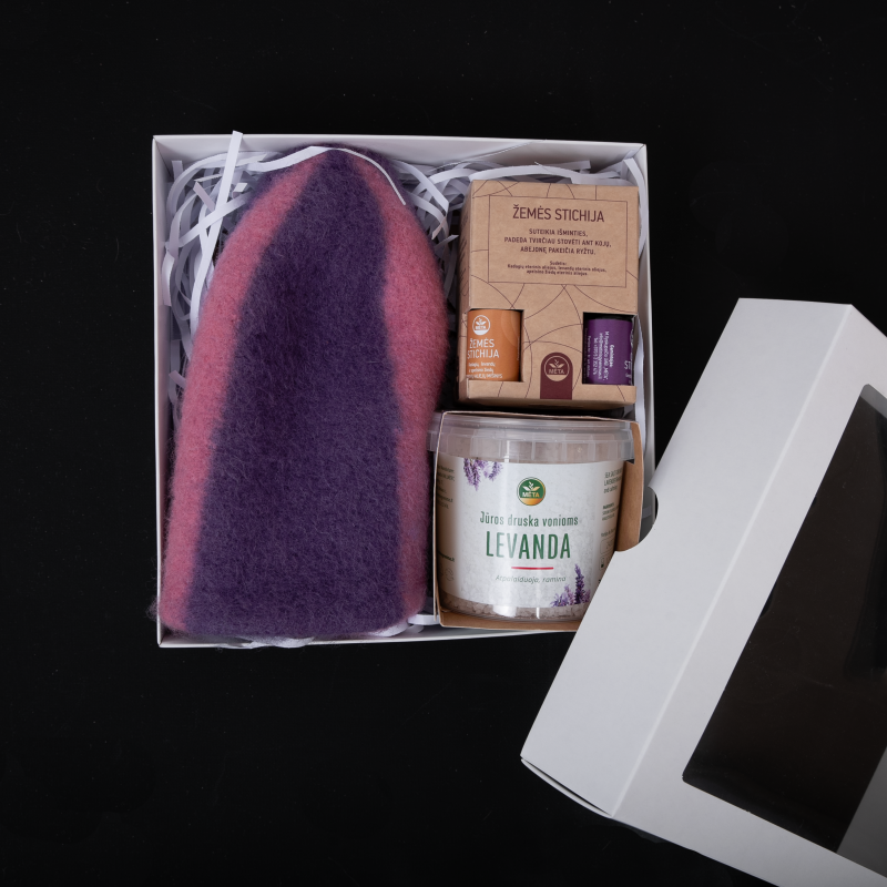 Gift set in a gift box LAVENDER. Cap, essential oils, sea salt