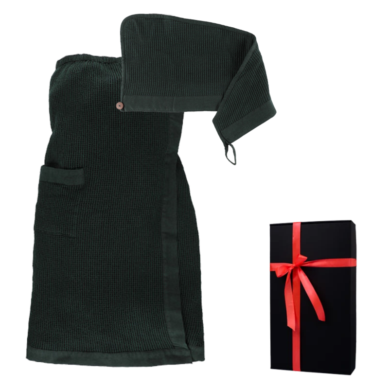 Gift set in a gift box RENTO KENNO FOR HER. Hair towel and apron, dark green