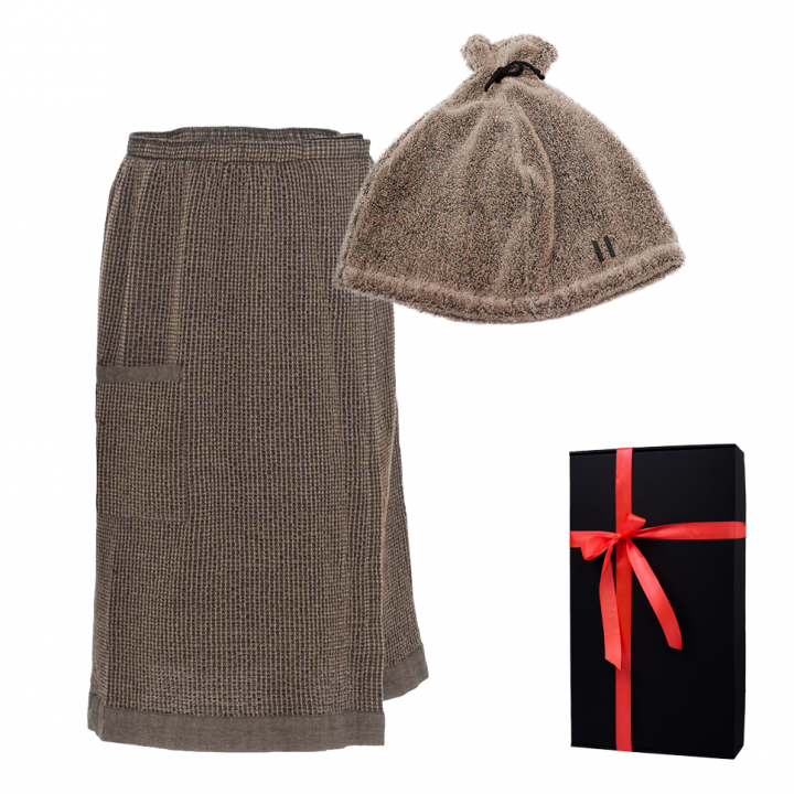 Gift set in a gift box RENTO KENNO FOR HIM. Sauna hat and apron, brown