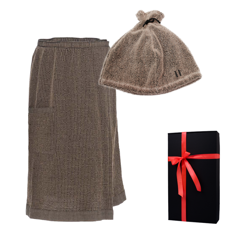 Gift set in a gift box RENTO KENNO FOR HIM. Sauna hat and apron, brown