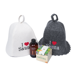 Gift set I LOVE SAUNA in a gift box. Sauna hats, massage oil and honey  Gift set I LOVE SAUNA in a gift box. Sauna hats, massage oil and honey