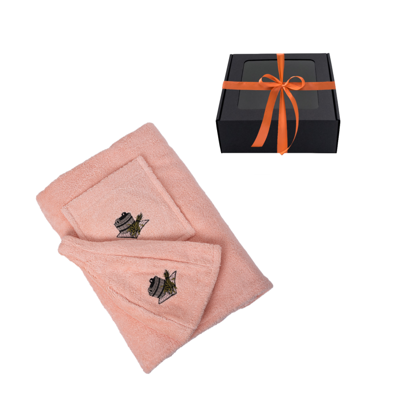 Gift set for Her - PEACH, in a gift box. Apron and hat for sauna