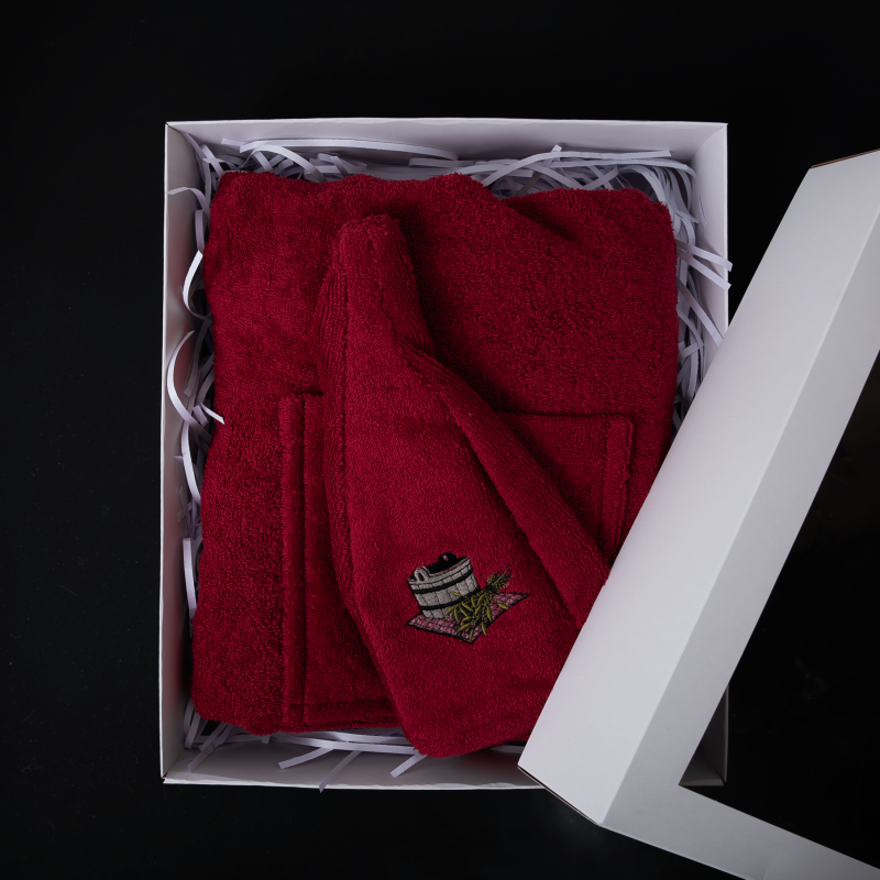 Gift set in a box. Apron and a hat for the sauna. RED