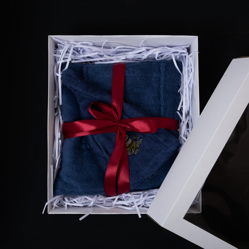 Gift set for Him - BLUE, 55x150 cm, in a gift box. Apron and hat for sauna