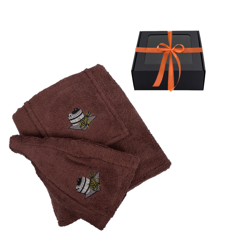 Gift set for Him - BROWN, 55x150 cm, in a gift box. Apron and hat for sauna