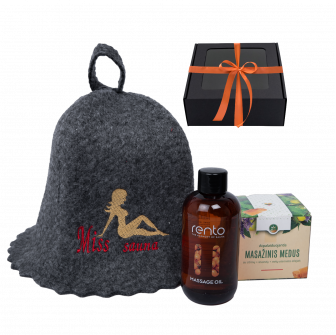 Gift set MISS SAUNA in a gift box. Sauna hat, massage oil and honey