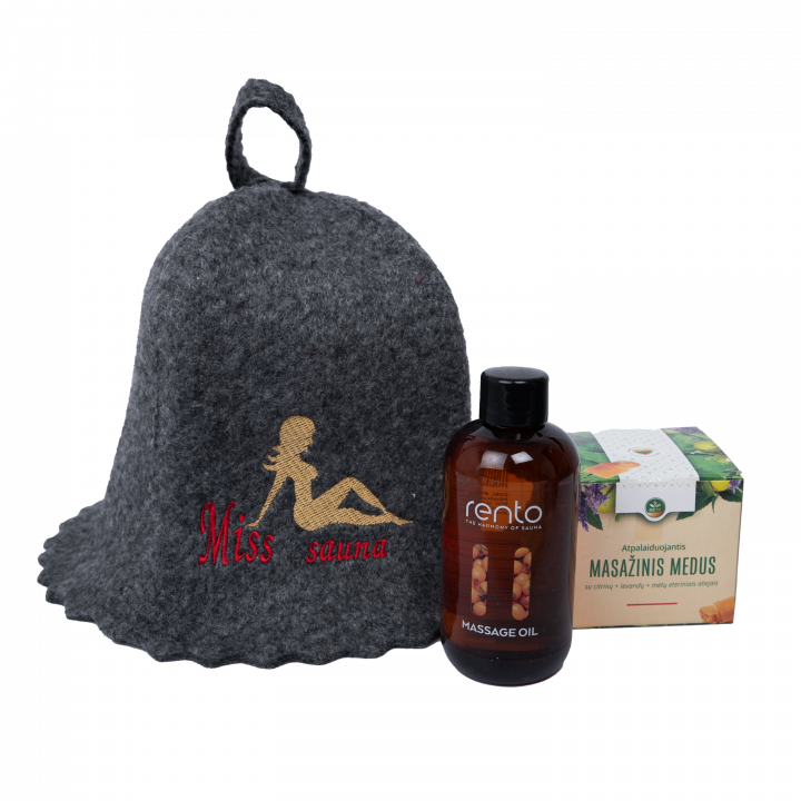 Gift set MISS SAUNA in a gift box. Sauna hat, massage oil and honey