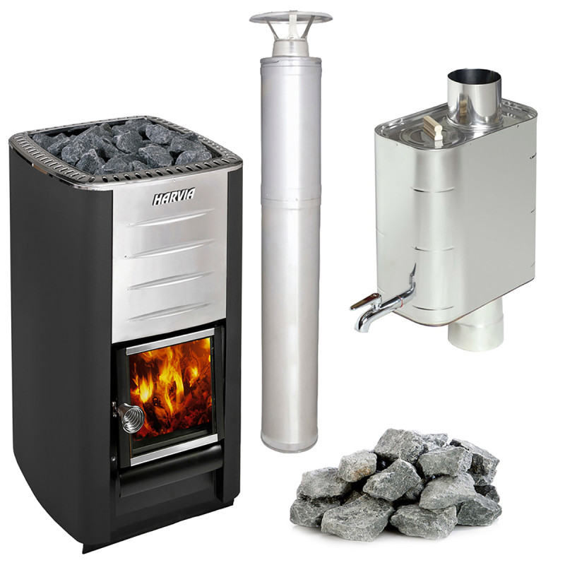 Sauna woodburning stove HARVIA M3 set, stones, chimney, water heater