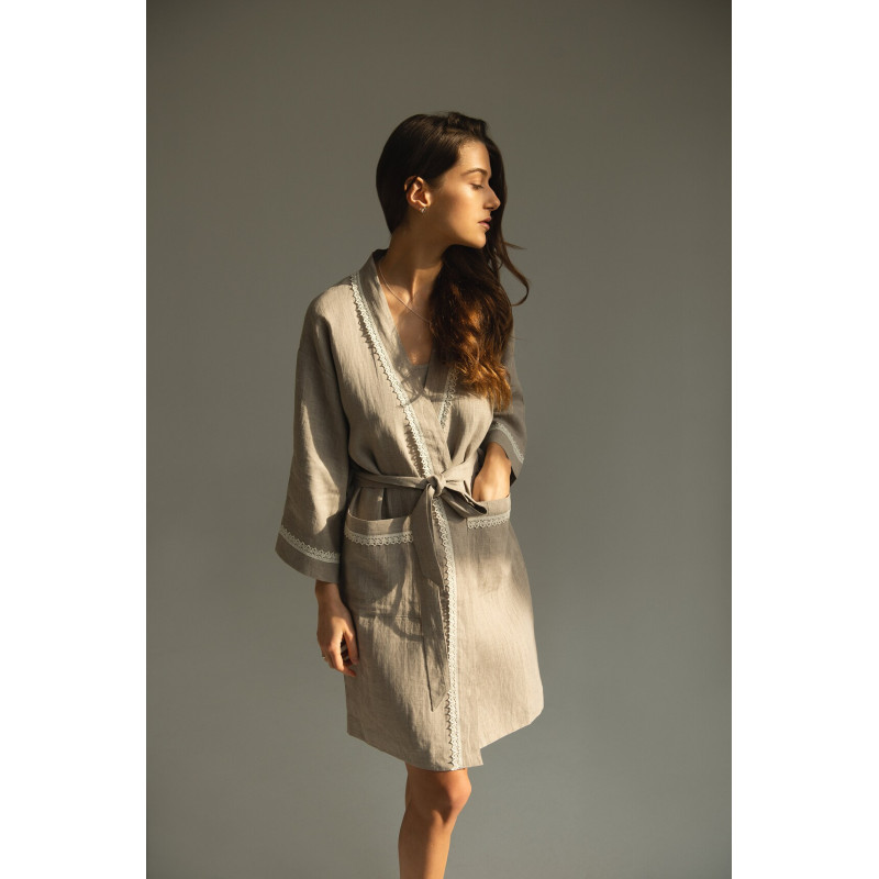 Pure linen eco friendly natural bath/night robe, short