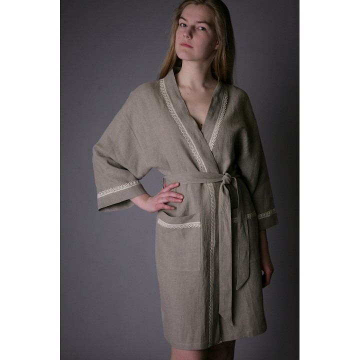 Pure linen eco friendly natural bath/night robe, short