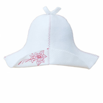 Sauna hat - white, with a red flower