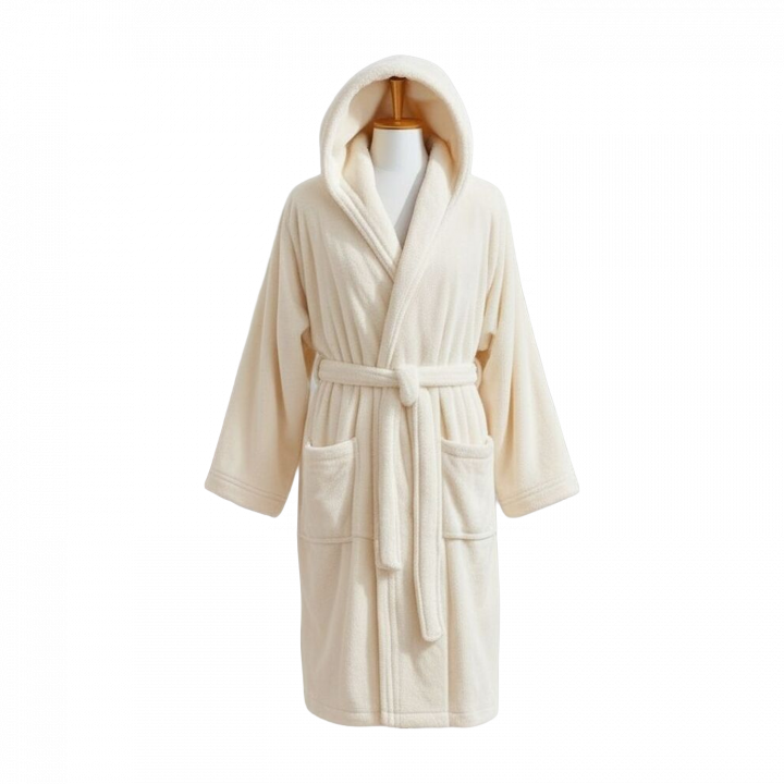 Cotton velour hooded bathrobe, cream