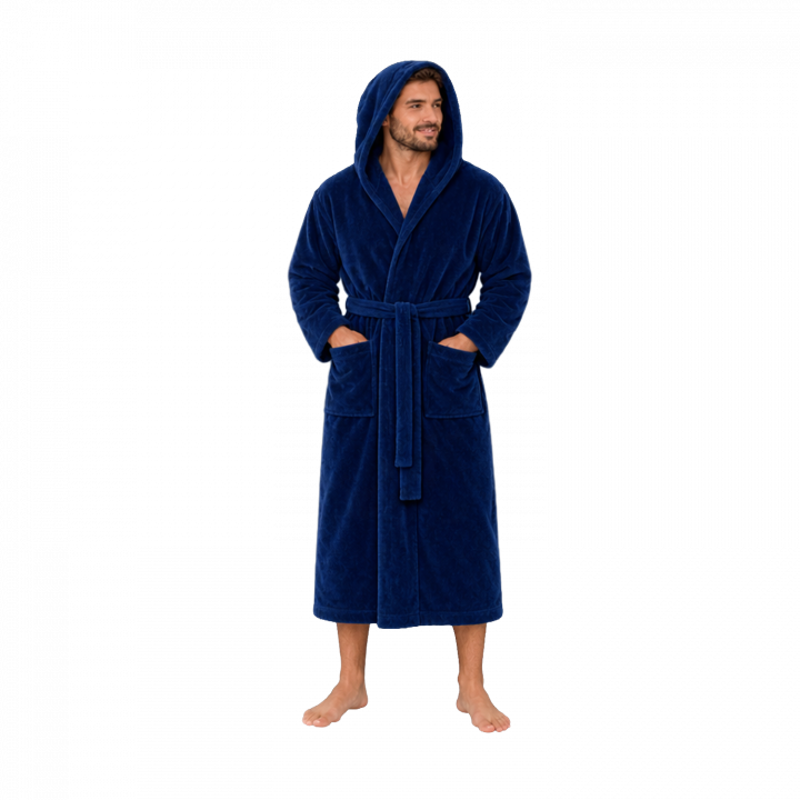 Cotton velour hooded bathrobe, blue