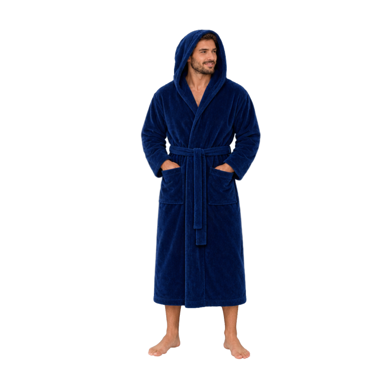 Cotton velour hooded bathrobe, blue