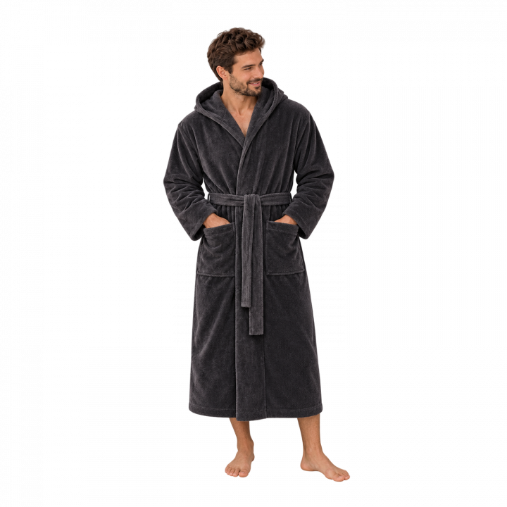 Cotton velour bathrobe with hood, gray