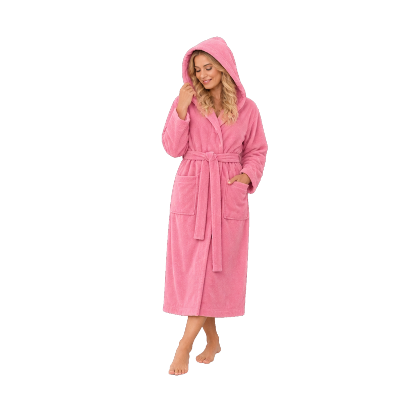 Cotton velour hooded bathrobe, pink