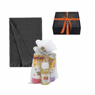 Women's gift set in a gift box. Sauna honey, sauna oil and hand towel