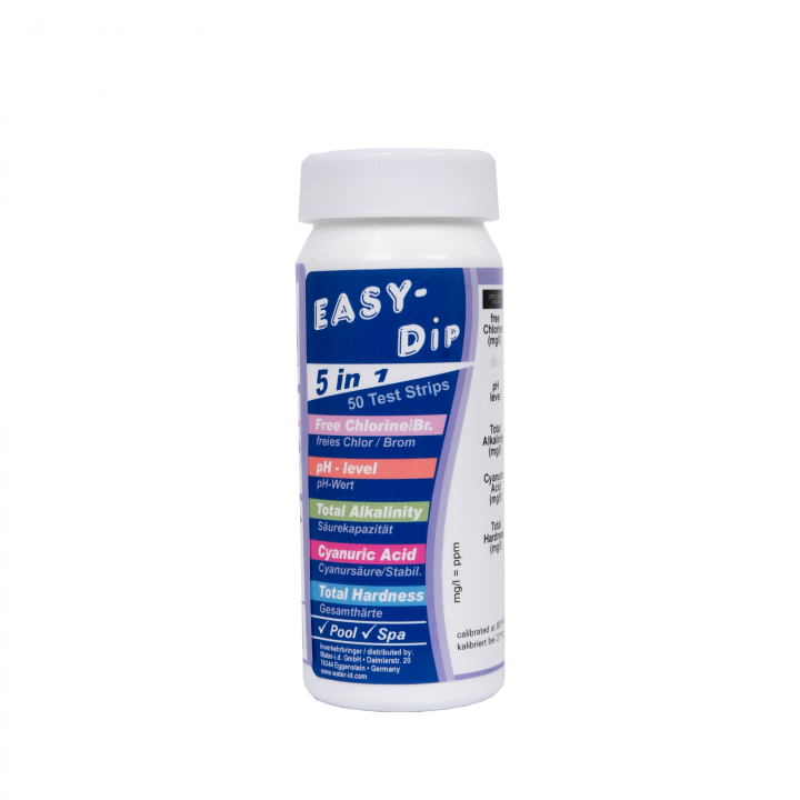 Water test strips Easy-Dip 5 in 1, PH/CL/BR/Stabilizer/Alkalinity/Hardness testing