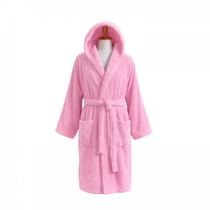 Cotton velour hooded bathrobe, pink