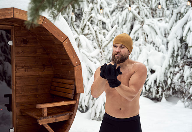 Barrel sauna in winter cold