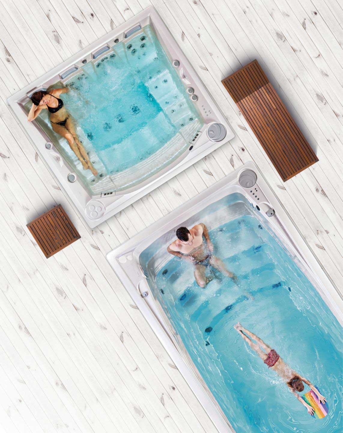 Top view of USSPA spa and swim spa pools with people relaxing and swimming