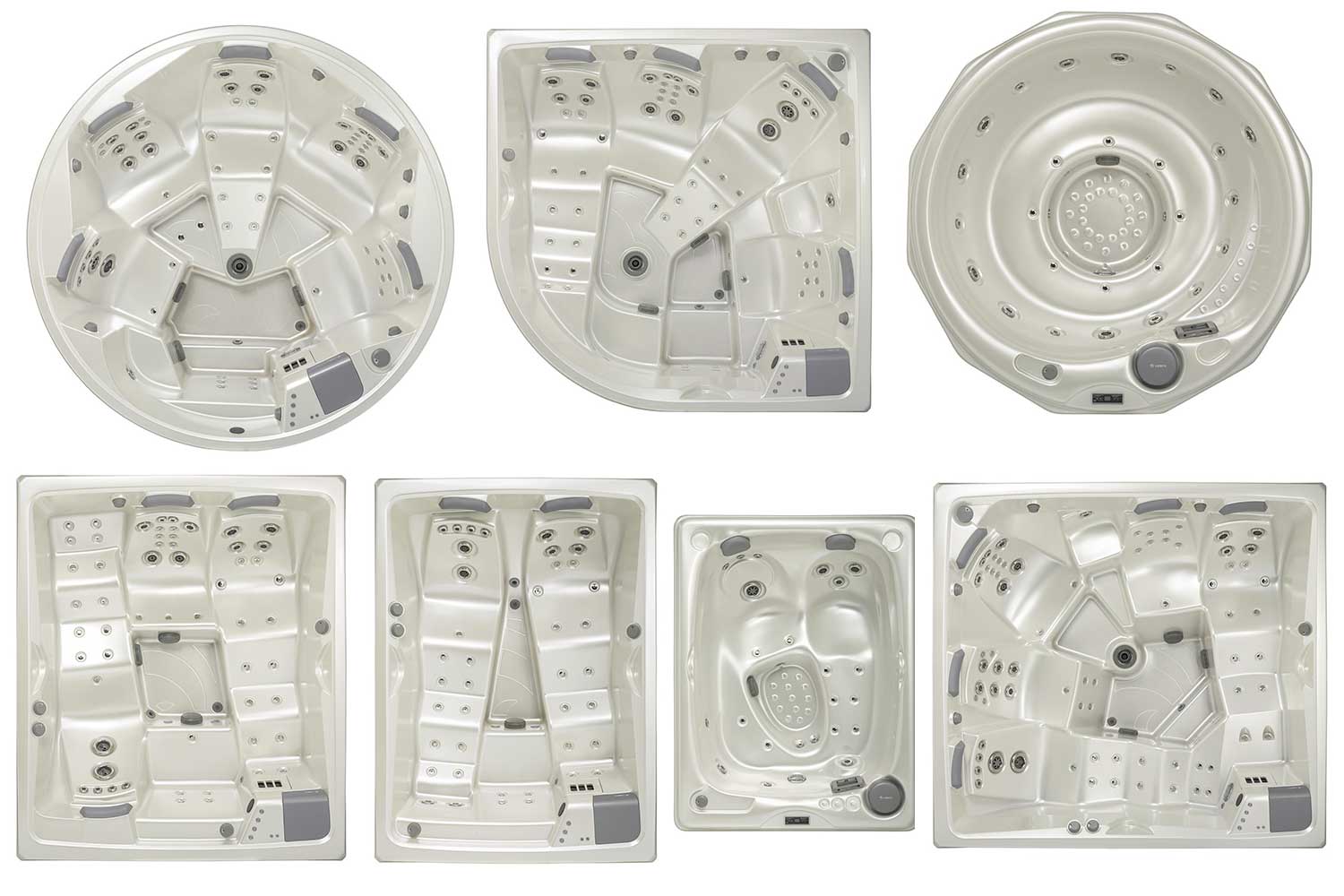 USSPA spa pool models in different shapes and sizes, featuring ergonomic seating and hydromassage jets