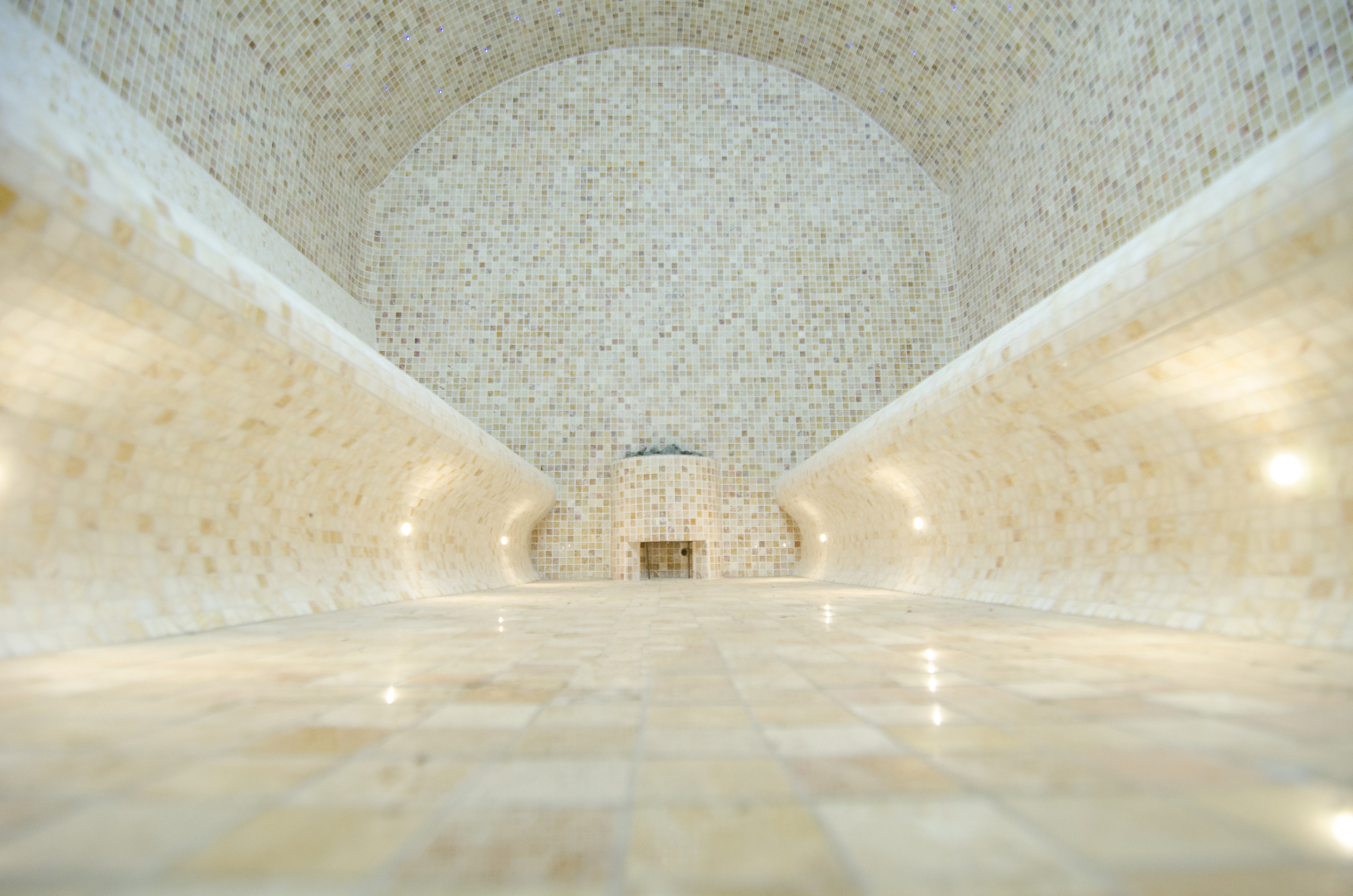 Steam Room with symmetrical Seating and Lounging Areas